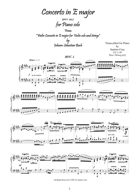 Js Bach Violin Concerto In E Major Bwv 1042 Piano Solo 1 Mov Allegro Sheet Music