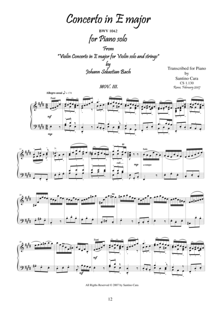 Js Bach Violin Concerto In E Major Bwv 1042 Piano Solo 3 Mov Allegro Assai Sheet Music