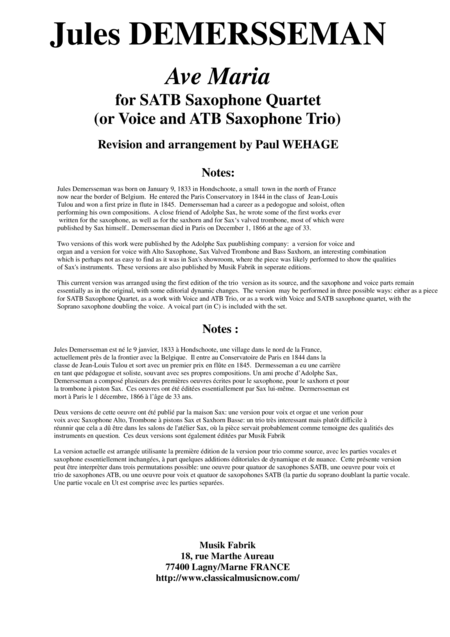 Jules Demersseman Ave Maria For Satb Saxophone Quartet Or Voice And Atb Saxophone Trio Sheet Music