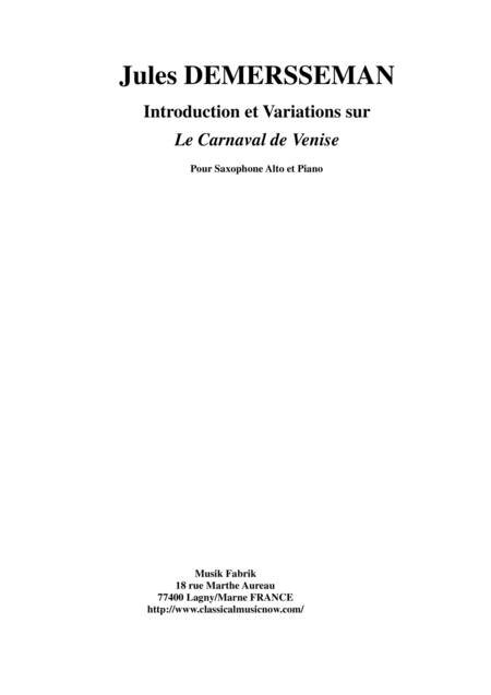 Jules Demersseman Introduction Et Variations Sur Le Carnaval De Venise For Alto Saxophone And Piano Sheet Music