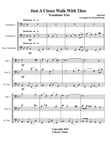 Just A Closer Walk With Thee Trombone Trio Jazz Funeral Style Sheet Music