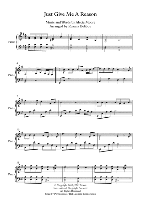 Free Sheet Music Just Give Me A Reason By Pink Piano