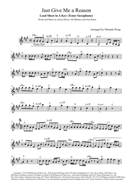 Just Give Me A Reason Lead Sheet In A Key Tenor Or Soprano Saxophone Sheet Music