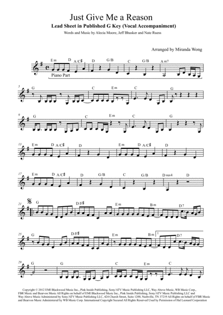 Just Give Me A Reason Lead Sheet In Published G Key With Chords For Vocal Accompaniment Sheet Music