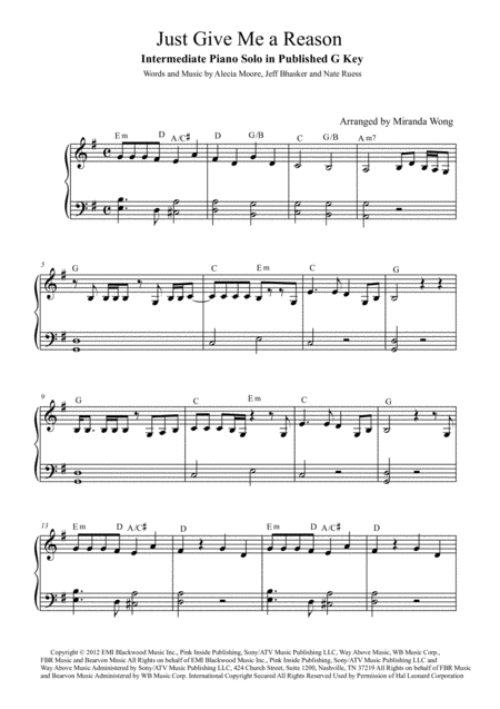 Just Give Me A Reason Piano Solo In Published G Key With Chords Sheet Music