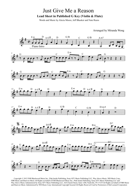 Just Give Me A Reason Violin Or Recorder Solo With Chords Sheet Music