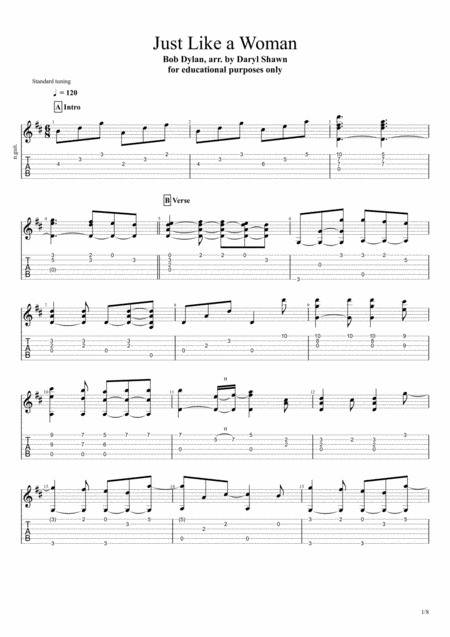 Just Like A Woman For Solo Fingerstyle Guitar Sheet Music