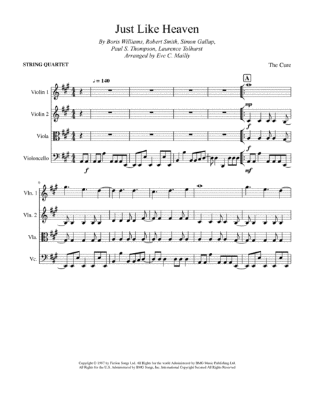 Just Like Heaven The Cure String Quartet Sheet Music