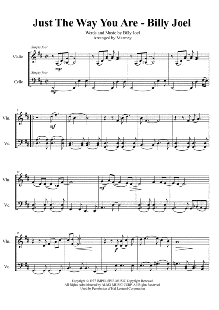 Free Sheet Music Just The Way You Are Billy Joel Arranged For String Duet