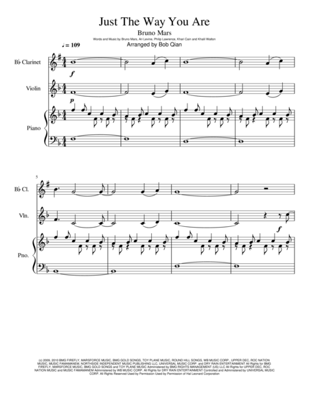 Just The Way You Are Bruno Mars Clarinet Violin Piano Sheet Music