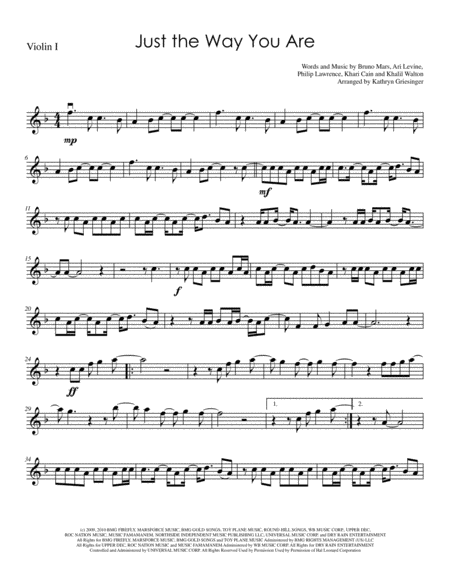 Just The Way You Are Bruno Mars String Quartet Sheet Music