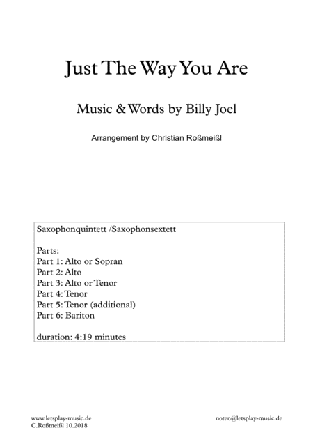 Just The Way You Are For Saxophonquintett Sheet Music