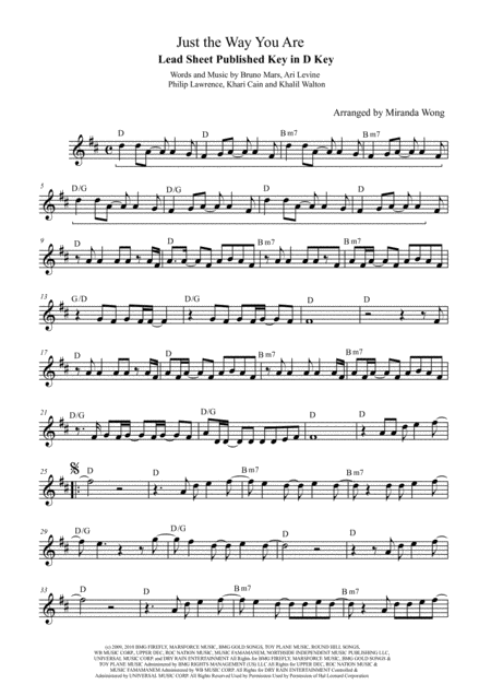Free Sheet Music Just The Way You Are Lead Sheet In D Key With Chords