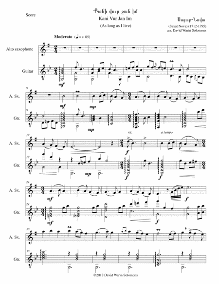 Kani Vur Jan Im As Long As I Live Arranged For Alto Saxophone And Classical Guitar Sheet Music