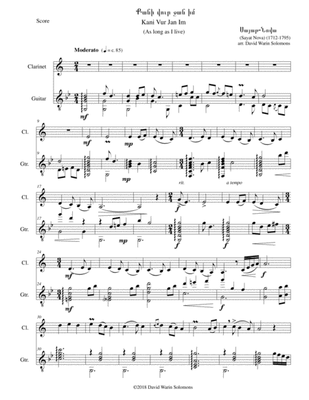 Kani Vur Jan Im As Long As I Live Arranged For Clarinet And Classical Guitar Sheet Music