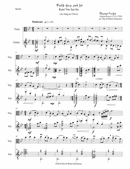 Kani Vur Jan Im As Long As I Live Arranged For Viola And Classical Guitar Sheet Music