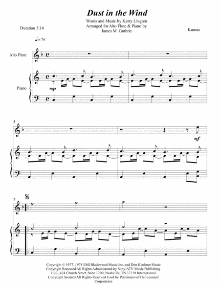 Kansas Dust In The Wind For Alto Flute Piano Sheet Music