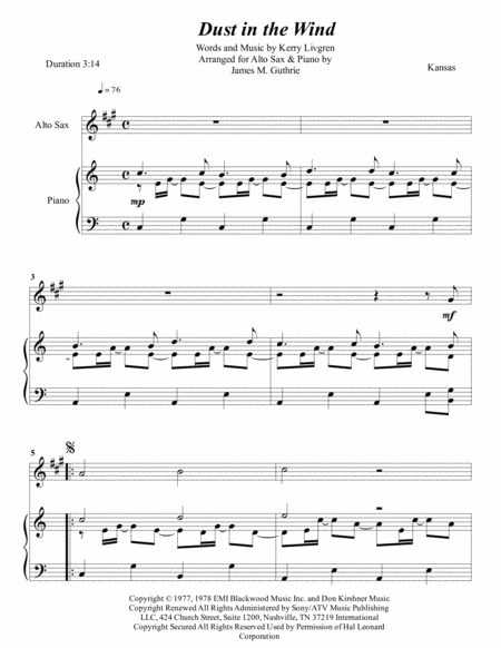 Kansas Dust In The Wind For Alto Sax Piano Sheet Music