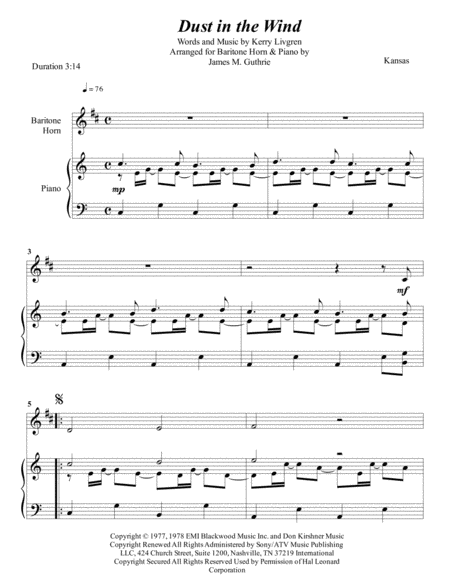 Kansas Dust In The Wind For Baritone Horn Piano Sheet Music