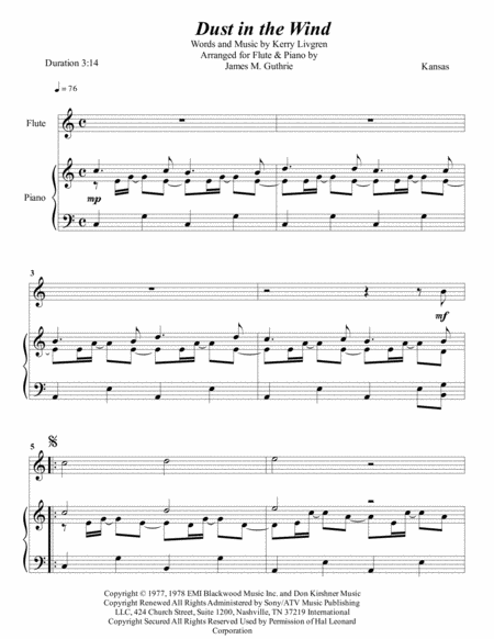 Kansas Dust In The Wind For Flute Piano Sheet Music