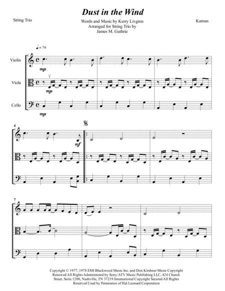 Kansas Dust In The Wind For Piano Trio Sheet Music