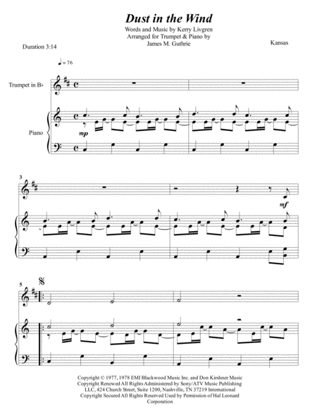 Kansas Dust In The Wind For Trumpet Piano Sheet Music