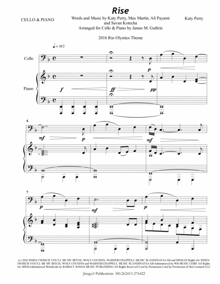 Free Sheet Music Katy Perry Rise For Cello Piano