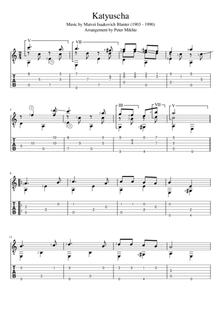 Katyusha Standard Notation And Tab Sheet Music