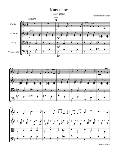 Katzachov Traditional Russian Folk Song For String Quartet Easy Nd Intermediate Sheet Music