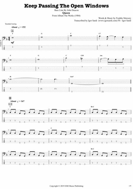 Keep Passing The Open Windows Queen John Deacon Complete And Accurate Bass Transcription Whit Tab Sheet Music
