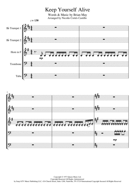 Keep Yourself Alive Queen Brass Quintet Sheet Music