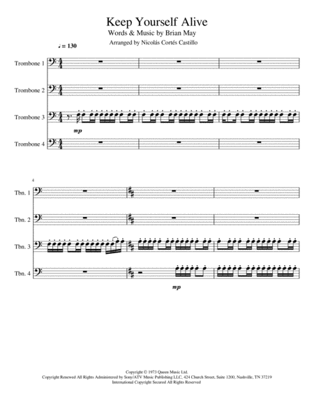 Keep Yourself Alive Queen Trombone Quartet Sheet Music