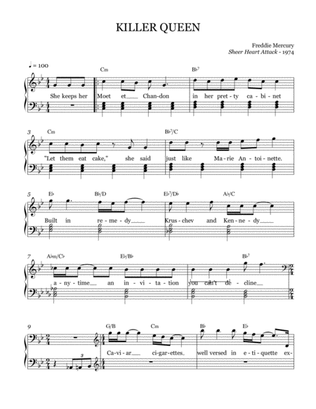 Free Sheet Music Killer Queen Leadsheet Melody Notated