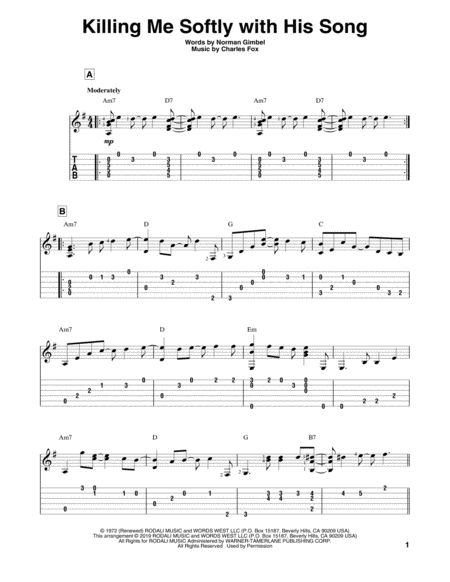 Free Sheet Music Killing Me Softly With His Song