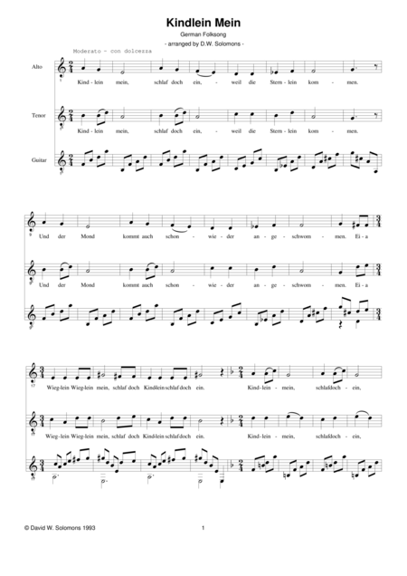 Kindlein Mein For Alto Tenor And Guitar Sheet Music