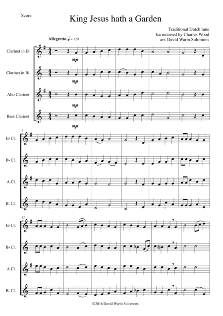 King Jesus Hath A Garden For Clarinet Quartet E Flat B Flat Alto Bass Sheet Music