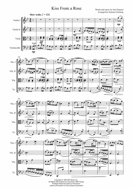 Free Sheet Music Kiss From A Rose For String Quartet