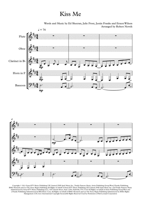 Free Sheet Music Kiss Me For Wind Quintet