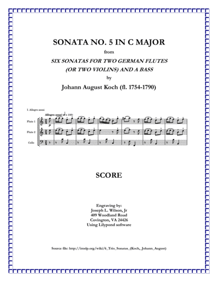 Koch Trio Sonata No 5 In C Major For Two German Flutes Or Two Violins And A Bass Sheet Music