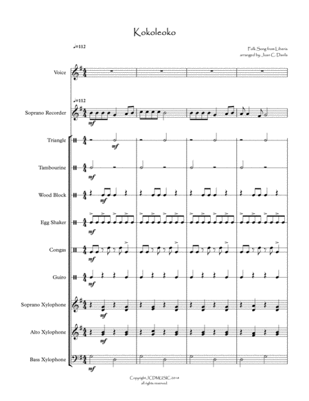 Free Sheet Music Kokoleoko For Orff Ensemble