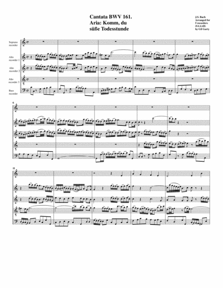 Komm Du Suesse Todesstunde From Cantata Bwv 161 Arrangement For 5 Recorders Sheet Music