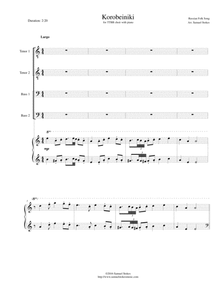 Free Sheet Music Korobeiniki Korobushka For Ttbb Choir With Piano Accompaniment