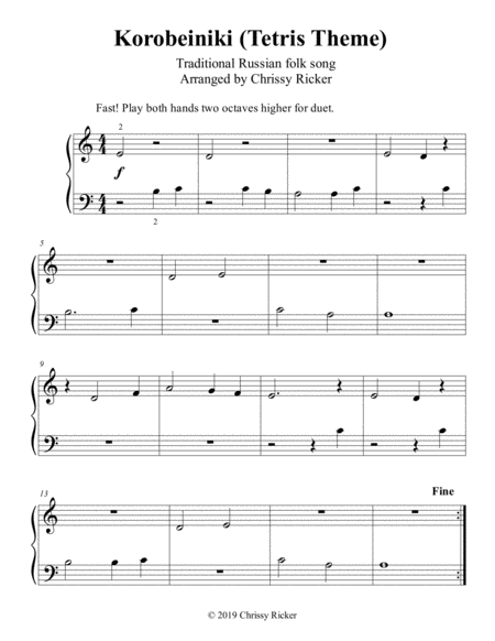 Free Sheet Music Korobeiniki Tetris Theme Beginner Piano With Teacher Duet