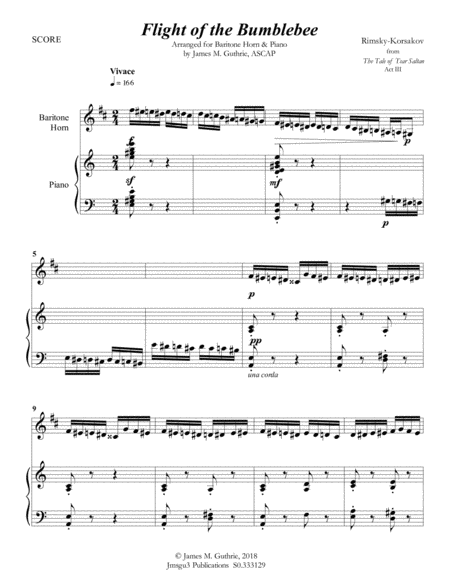 Korsakov Flight Of The Bumblebee For Baritone Horn Piano Sheet Music