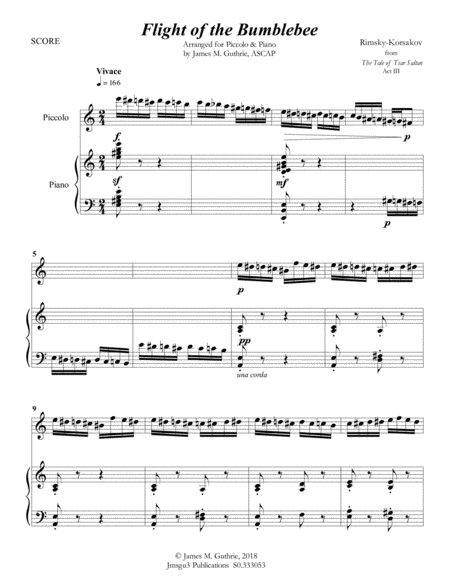 Korsakov Flight Of The Bumblebee For Piccolo Piano Sheet Music