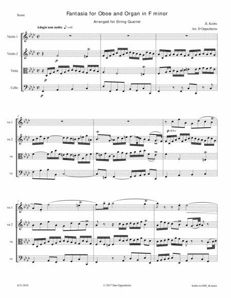 Krebs Jl Fantasia In F Minor Krebs Wv604 Arr For String Quartet Sheet Music