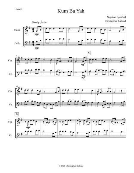 Kum Ba Yah Violin Cello Duet Sheet Music