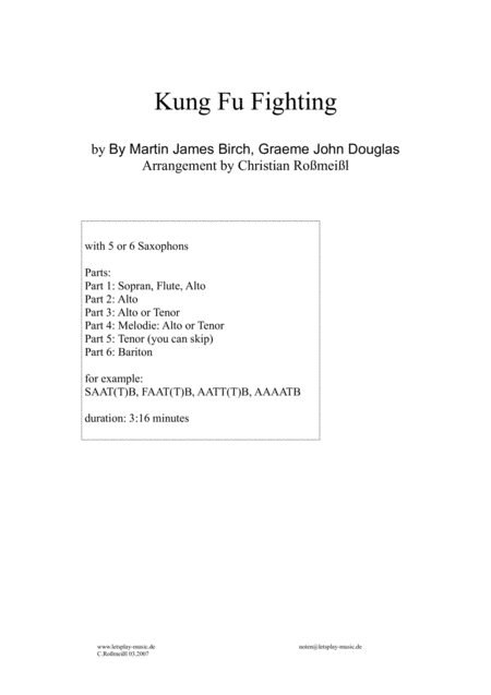 Kung Fu With 5 Or 6 Saxophones Sheet Music