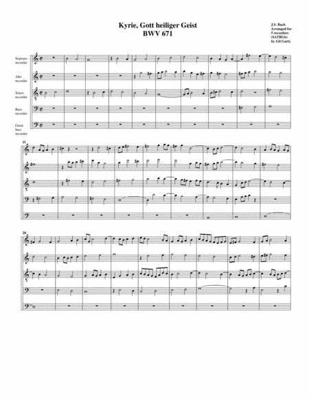 Kyrie Gott Heiliger Geist Bwv 671 From Klavier Uebung Iii Teil Arrangement For 5 Recorders Sheet Music