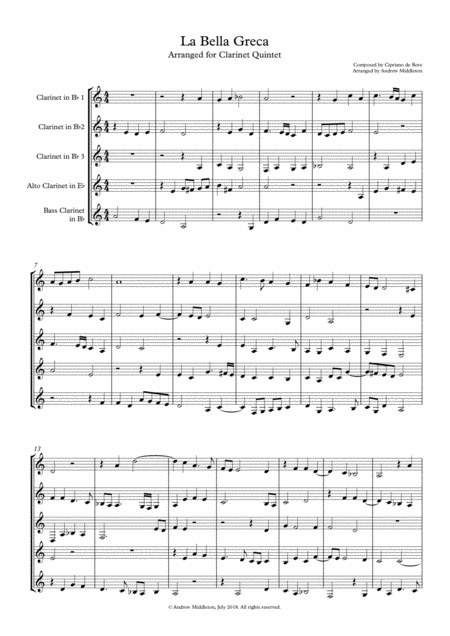 La Bella Grece For Clarinet Quintet Sheet Music